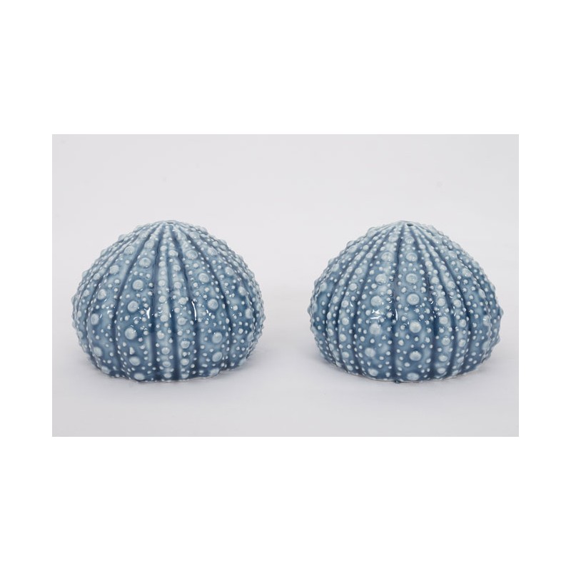 Salt and pepper shaker shaped like a sea urchin, pour un dîner de poisson.