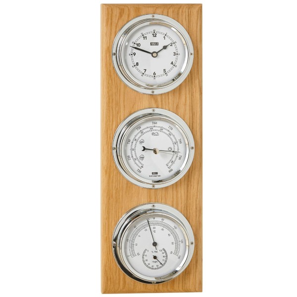 Horloge avec station météo murale, avec socle en bois.